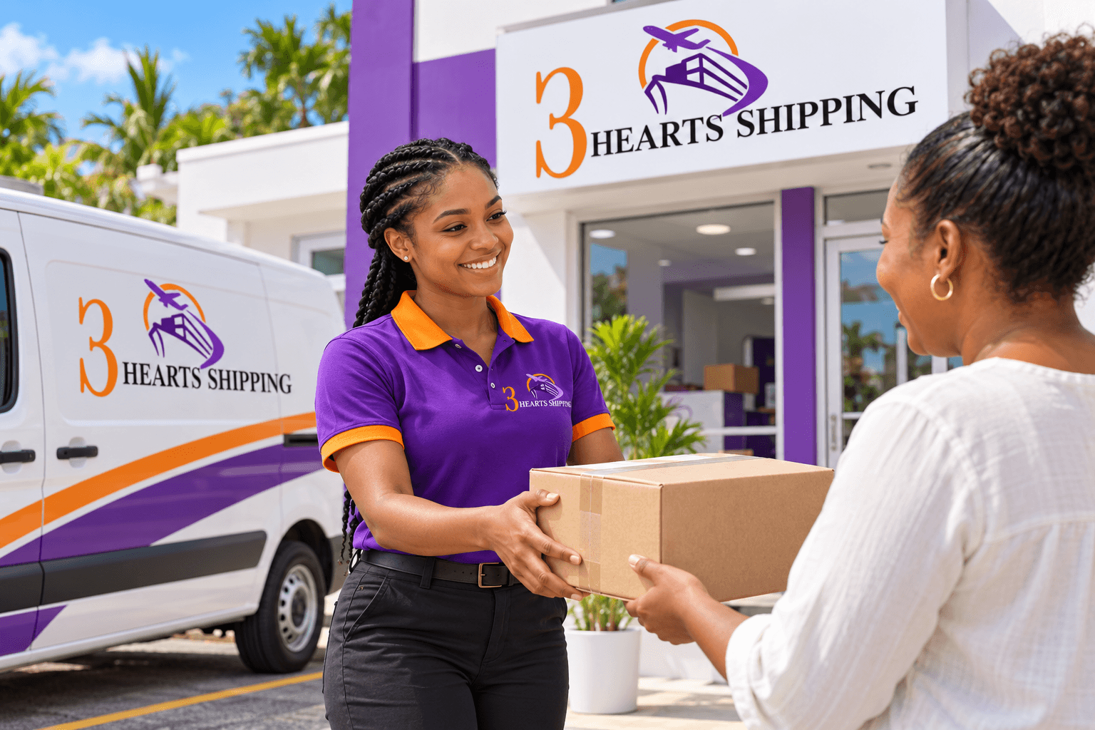 Branded 3 Hearts Shipping illustration of a courier handing a package to a customer